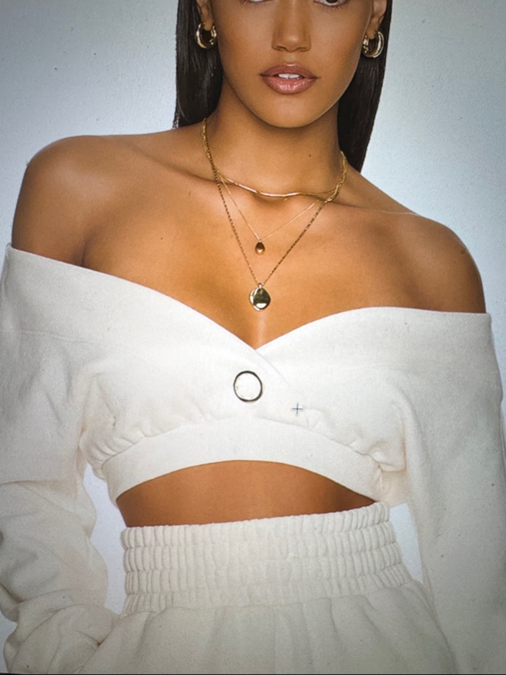 Camila Coelho Kenzie Pullover Off-Shoulder Crop Top-Bone from Revolve